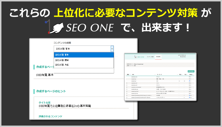 これらの上位表示に必要なコンテンツ対策 が「SEO ONE」で出来ます!